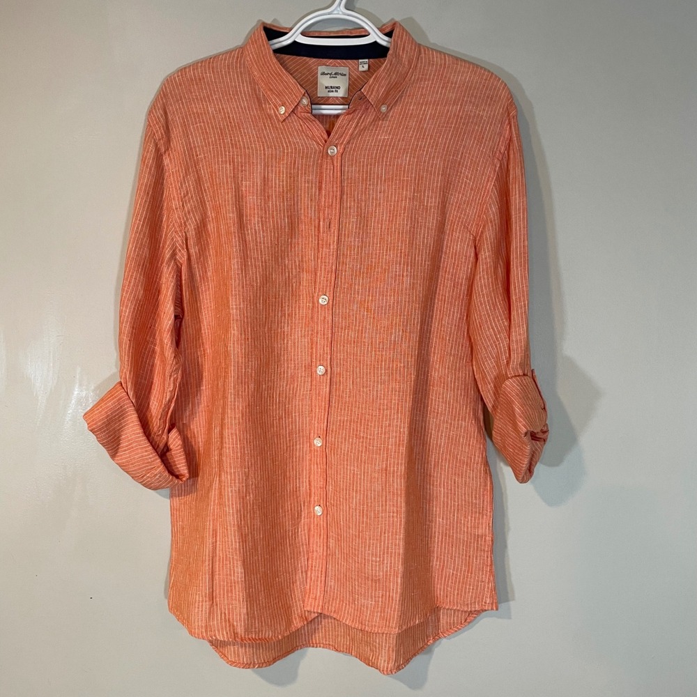 Baird McNutt Murano Slim Fit Linen Shirt Mens Large Orange Pinstripe Button Down